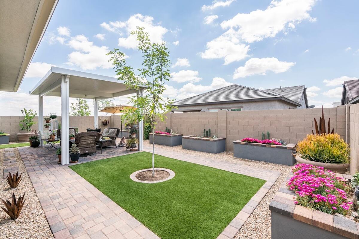 Complete backyard with turf, pavers and raised planters in Chandler, AZ